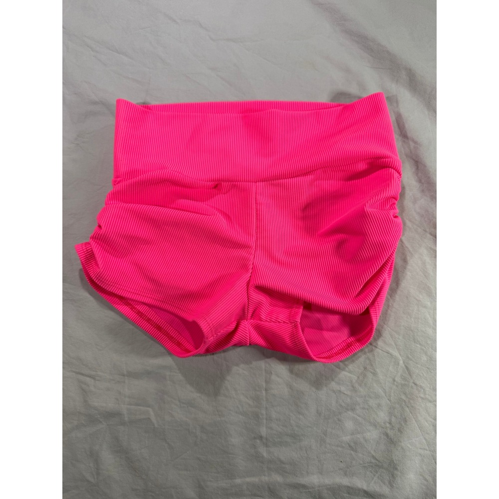 Kids Neon Pink Ribbed Ruched High Waisted Athletic Dance Shorts Childs Large
